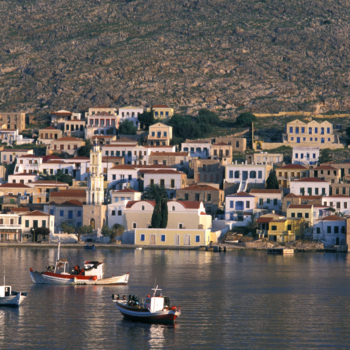 Halki Island of the Dodecanese Chora, harbor, fishing boats