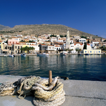 Halki Island of the Dodecanese Chora, harbor, anchor rope