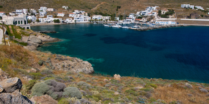 Europe, Greece, Cyclades, Kythnos, Loutra, port, beach, hydrotherapy
